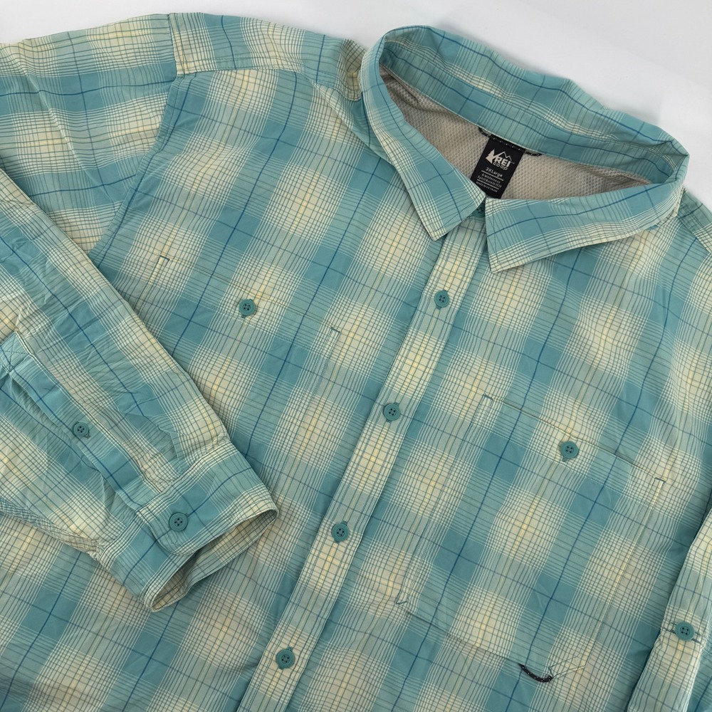 REI Co-op Sahara Button Down Men 3XL Blue Plaid Ventilated Hiking Shirt Outdoor